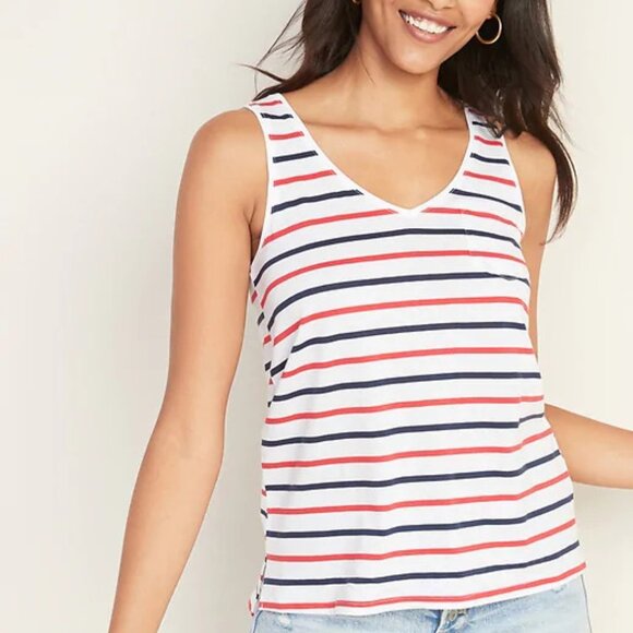 NWT Old Navy EveryWear Striped Tank Top Chest-Pocket V-Neck Women XL - Picture 1 of 2